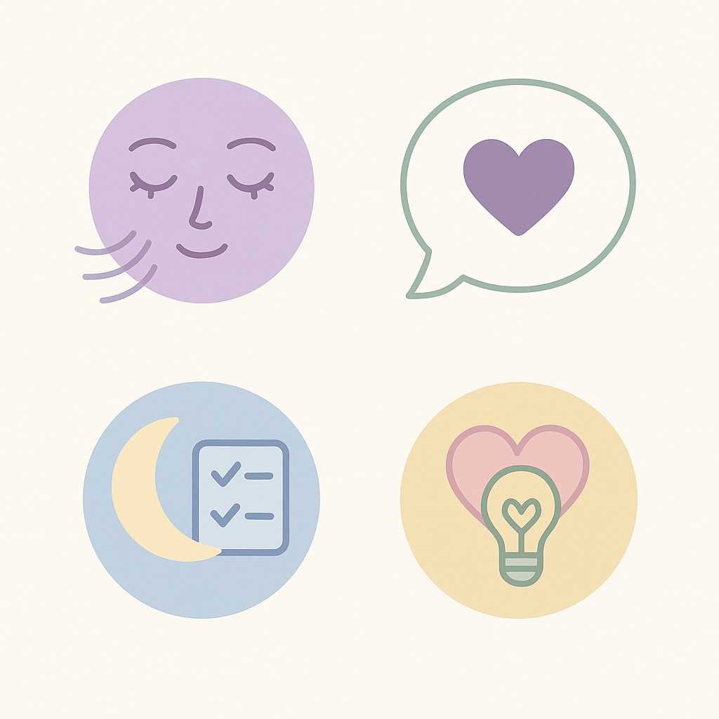 Four gentle parenting icons in a pastel-colored grid: a breathing face, a speech bubble with a heart, a moon with checklist, and a lightbulb inside a heart — each in soft calming hues/