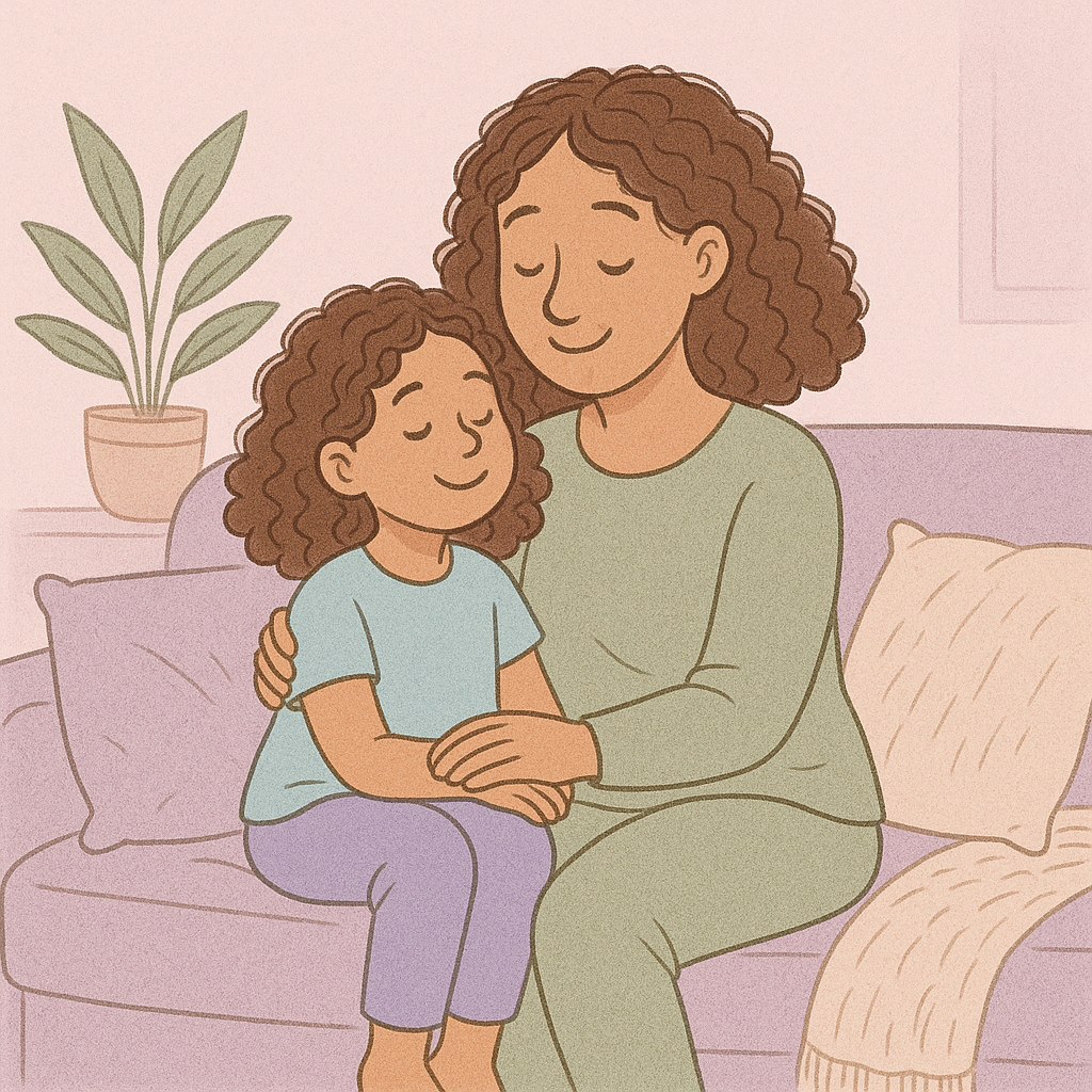 Hand-drawn illustration of a mother and daughter sitting together on a couch, smiling warmly and sharing a calm moment — in soft lavender, sage, and pastel tones.