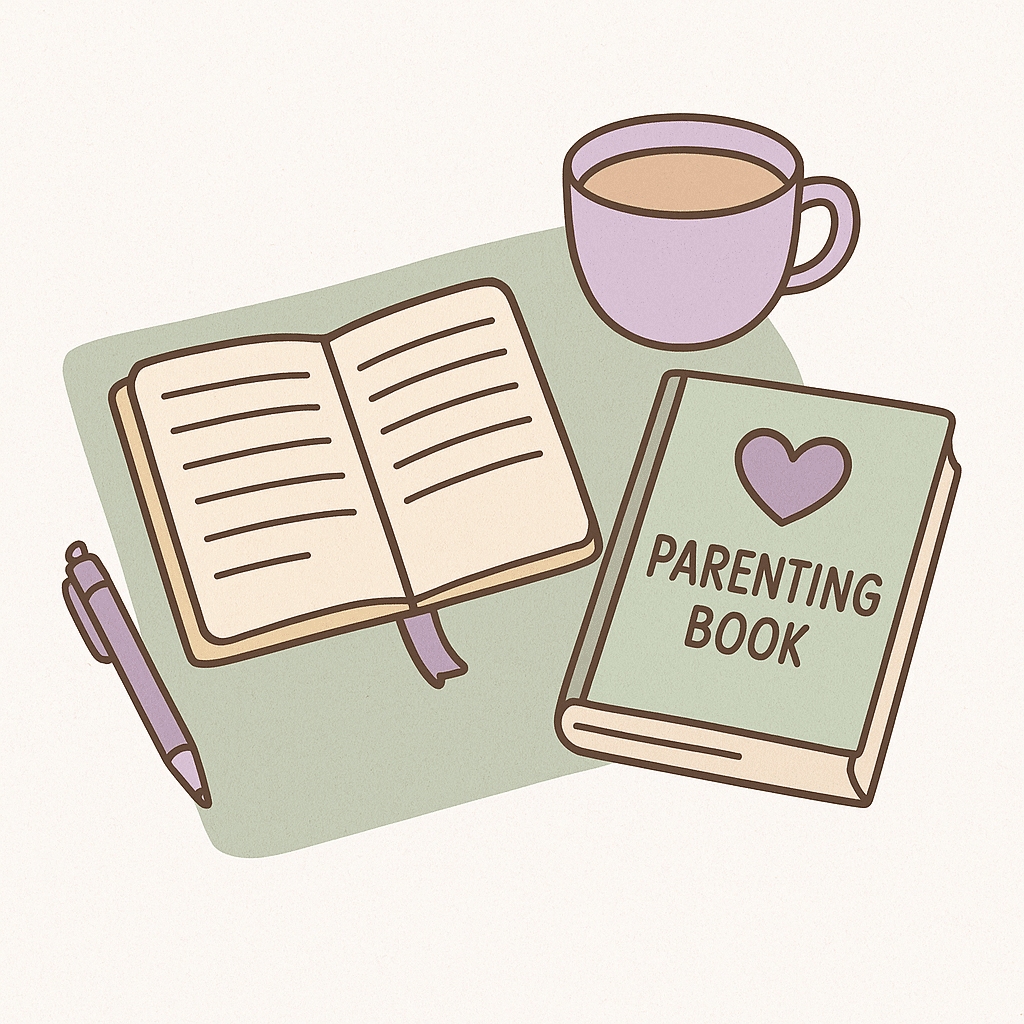 Flat lay illustration of a parenting book with a heart on the cover, a lavender teacup, and an open journal with a pen — all in calming pastel tones.