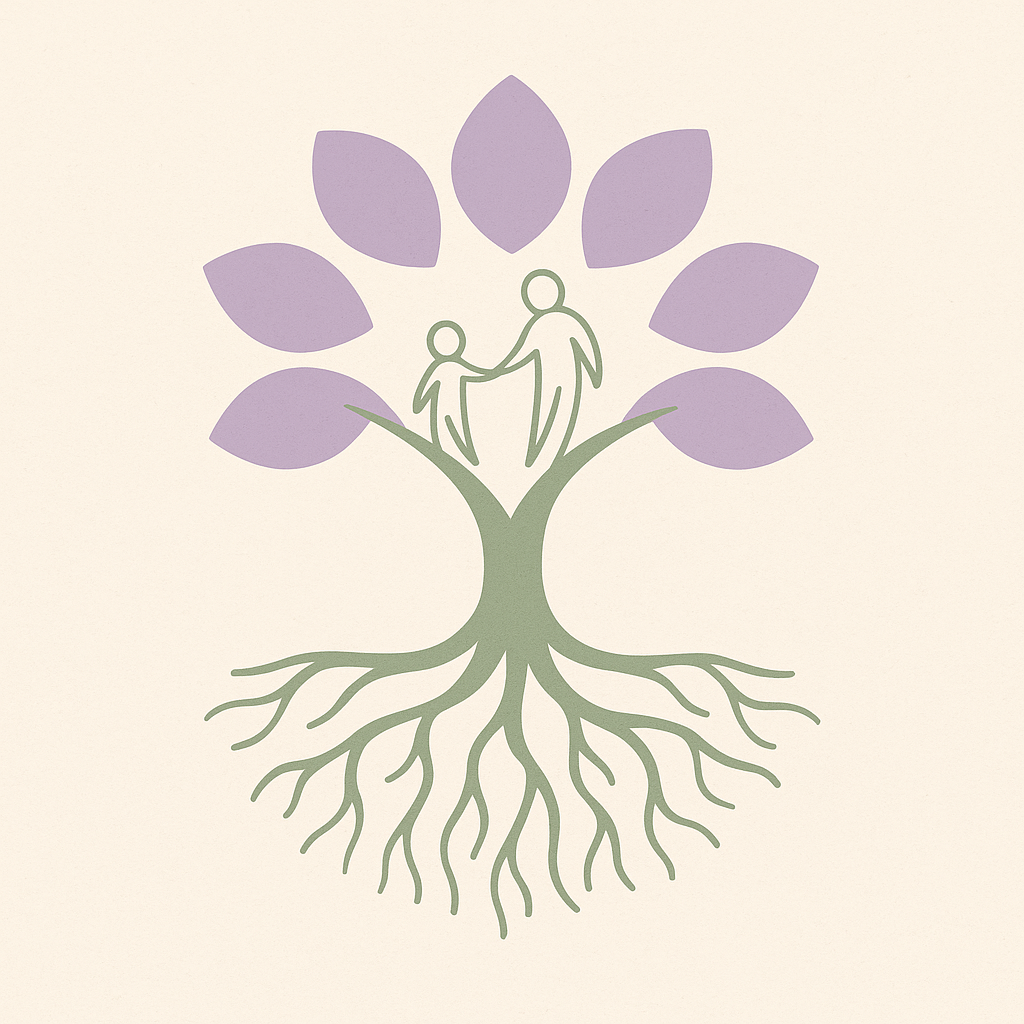Illustration of a tree with deep roots and lavender leaves, symbolizing connection and growth, with a parent and child holding hands at the center — in soft, calming colors.