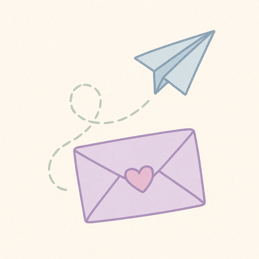 Illustration of a lavender envelope and a paper airplane with heart accents, symbolizing connection and messages.