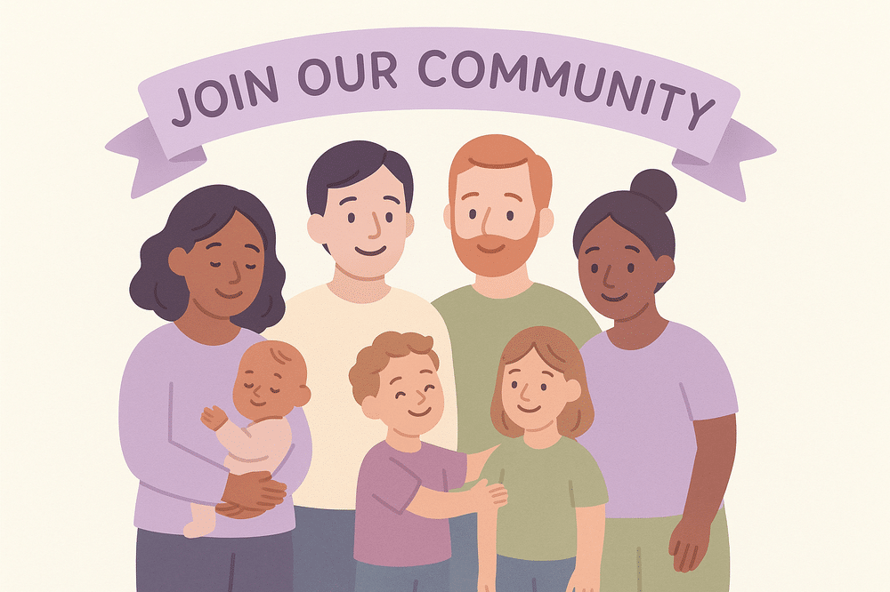 Illustration of a diverse group of caregivers and children standing together under a lavender banner that reads ‘Join Our Community’ — styled in warm, inclusive pastel tones.